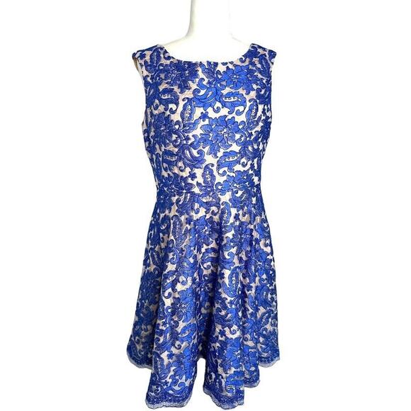 Eliza J Blue Lace Cap Sleeve Fit Flare Dress Pockets Womens Petites Size 12P - Picture 1 of 15